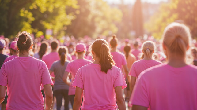 Participants walking in breast cancer awareness event with pink shirts