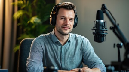 European male podcaster wearing headphones and sitting at a desk with a microphone in a cozy home studio setting