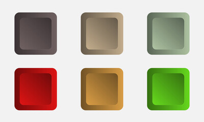 Set of square metal buttons of different colors on a white isolated background, vector illustration.