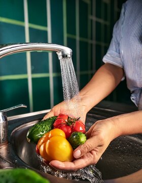 Primer plano de una mujer lavando verduras frescas bajo el grifo del fregadero.