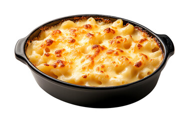 Deliciously creamy baked macaroni and cheese in a black dish, topped with golden brown cheese, perfect for comfort food lovers.