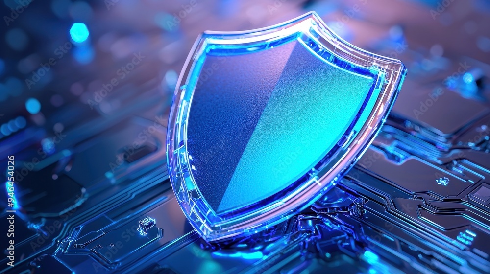 Aufkleber high-tech shield symbol representing digital security and protection on a futuristic circuit backgro