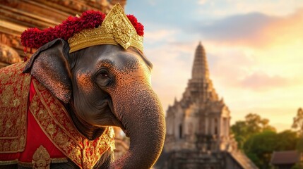 Fototapeta premium An elephant is standing in front of a building with a gold crown on its head