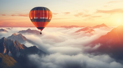 Obraz premium Inspirational sunrise landscape with hot air balloons over a scenic travel destination view