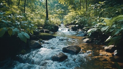 Small forest stream flowing over rocks, surrounded by dense greenery and tall trees