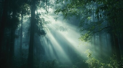 Obraz premium Sunlight breaking through morning mist in a dense forest, creating a mystical and serene atmosphere