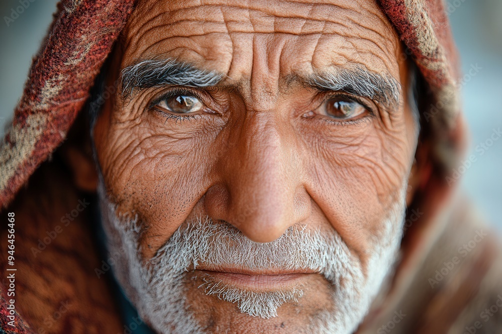 Poster the serene expressions of elderly men representing different ethnic groups, emphasizing their wisdom
