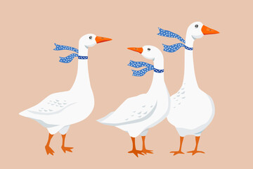 Family of three white geese with blue Polka dots ribbons of scarves. Cute vector illustration in flat style on isolated background in flat style. For design of children's room, photo album, postcard. © Natalia