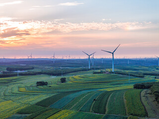 view of wind power turbine in field at sunset