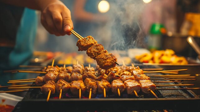 A street food scene with a vendor grilling skewers of lamb meat, coated with cumin and chili powder, in a bustling Chinese night market