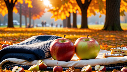 Cozy autumn picnic with red apples and book against colorful fall foliage