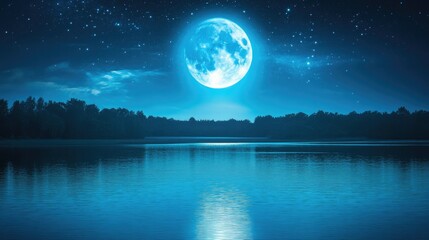 Fototapeta premium A full blue moon glowing softly above a peaceful lake, with stars reflecting in the water.