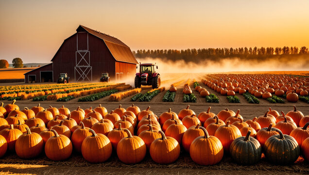 Rural pumpkin field with rustic barn against dramatic orange sunset sky