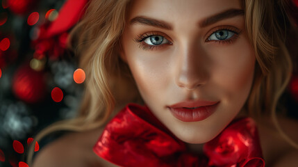 Girl with a bow gift New year Christmas