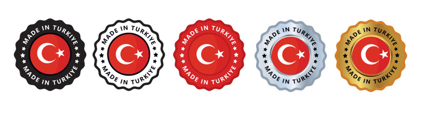 Made in turkey (türkiye) or turkiye set of sign stamp badge, with varian color red, silver, gold, black suitable for products manufactured, military, agriculture or food vector illustration eps