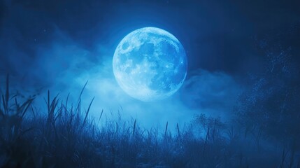 A full blue moon glowing softly through the mist, creating a serene night scene.