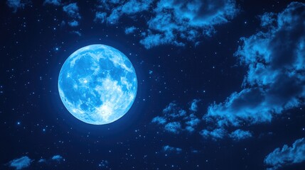 A full blue moon glowing softly, with scattered clouds creating a mystical atmosphere in the night sky.