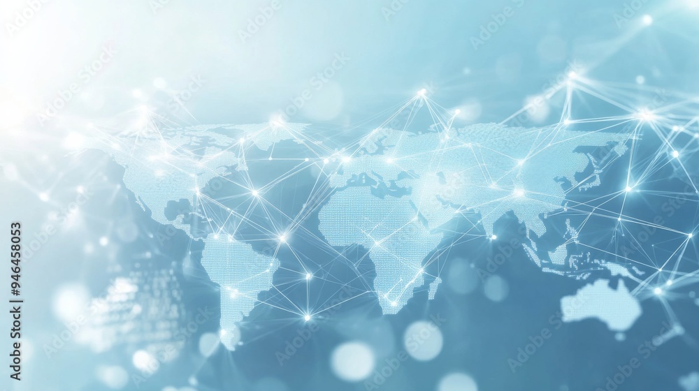Poster light blue background with digital world map and global network connections, representing internatio