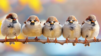 Fototapeta premium A group of five birds are sitting on a branch. The birds are all brown and white
