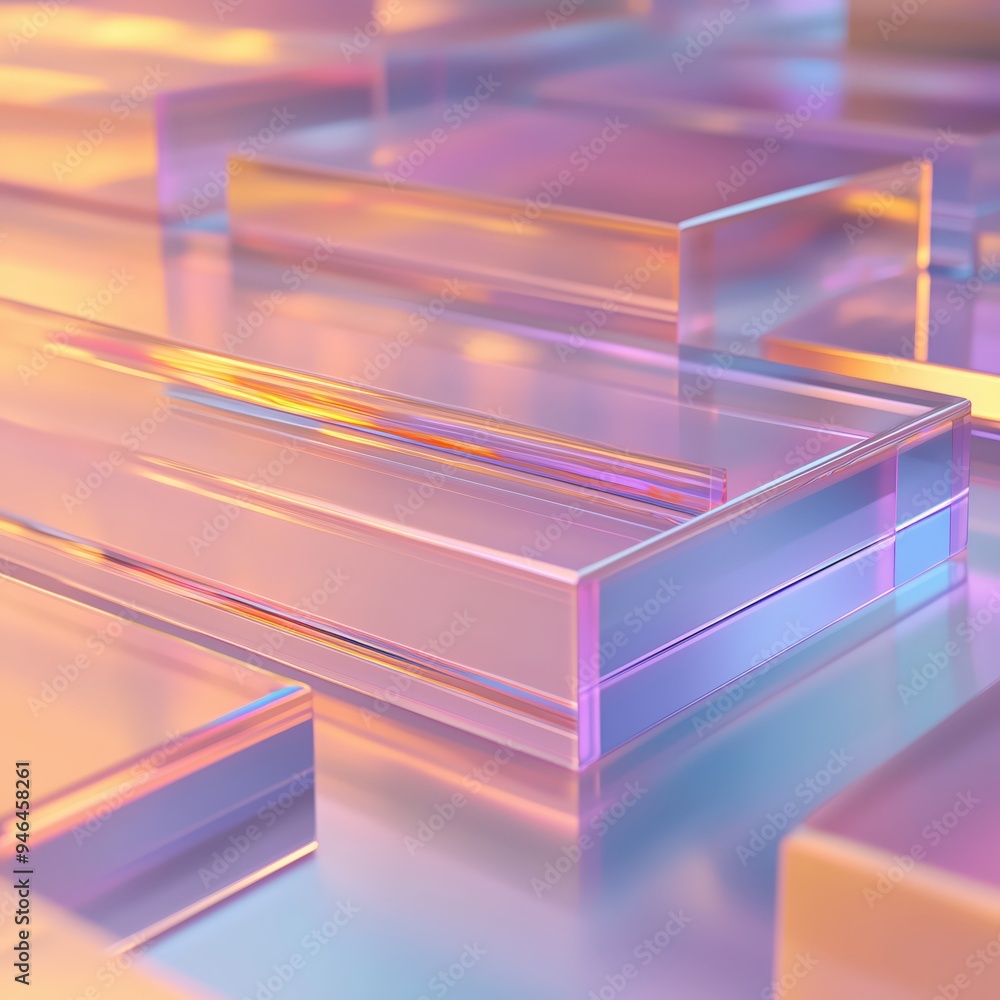 Poster abstract futuristic glass blocks in soft pastel tones with gradient light reflections