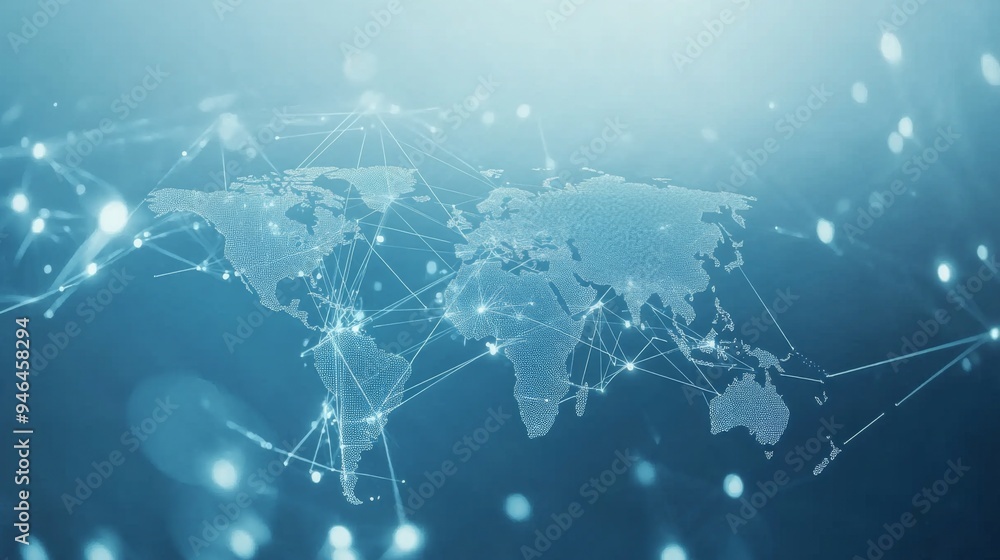 Poster light blue background with digital world map and global network connections, representing internatio