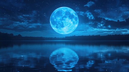 A full blue moon illuminating a calm lake at night, with stars reflecting on the water.