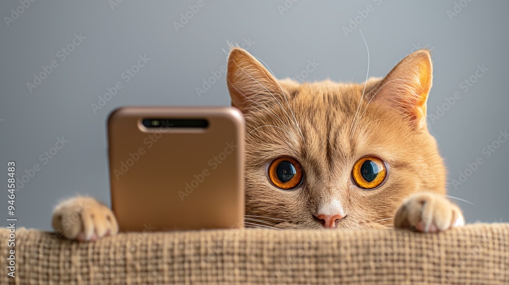 Poster a cat is looking at a phone with its eyes wide open. the cat is looking at the phone as if it is try