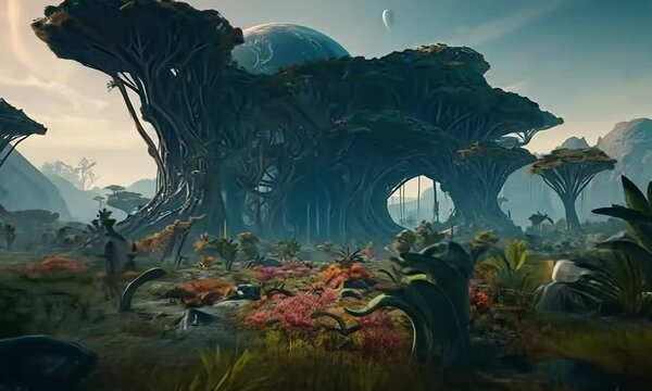 Immerse yourself in a breathtaking vista of towering trees and lush greenery, as a massive planet looms above, casting an enchanting glow in the twilight