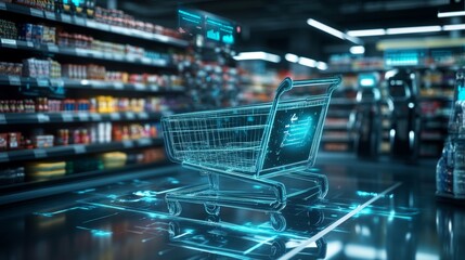 A digital shopping cart stands out in a modern supermarket aisle. This image captures the blend of technology and shopping. Ideal for tech-focused retail. AI