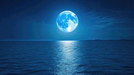 A full blue moon rising above the horizon, shining over a calm sea at night.