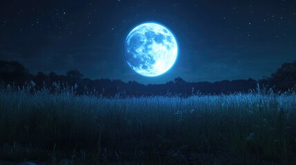 Fototapeta premium A full blue moon rising over a peaceful meadow, lighting up the night.