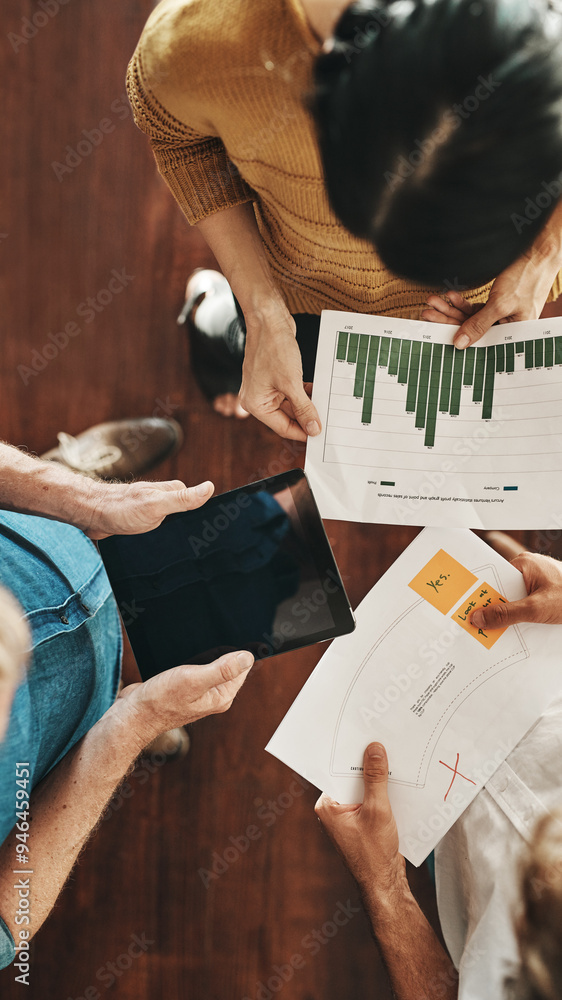 Poster tablet, people and above with graph in office for sales analysis, kpi planning and review of growth.