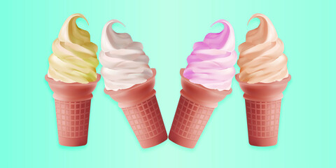 white ice cream in a waffle cup on a turquoise background.creamy soft serve in a brown cup	