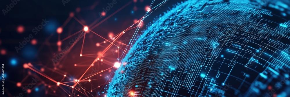 Poster global digital connection: network of blue and red nodes on futuristic globe