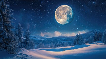 A full blue moon shining over a snow-covered landscape, creating a magical night scene.