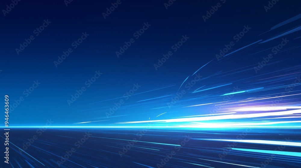 Poster blue glowing light effect on black background, abstract horizontal lines with gradient and motion bl