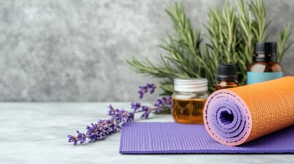A fitness studio with a yoga mat, herbal detox tea, and essential oils, symbolizing a holistic approach to wellness and detox