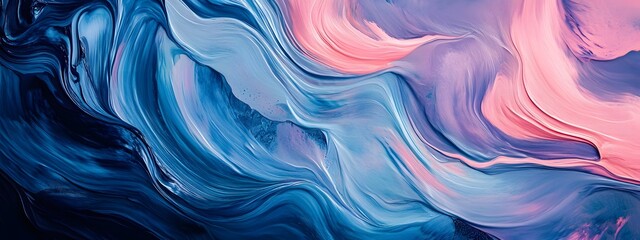 A close-up of an abstract painting with wavy lines in pastel blue, pink, and purple colors. The background is dark grey. In the style of impasto oil paint brush strokes.