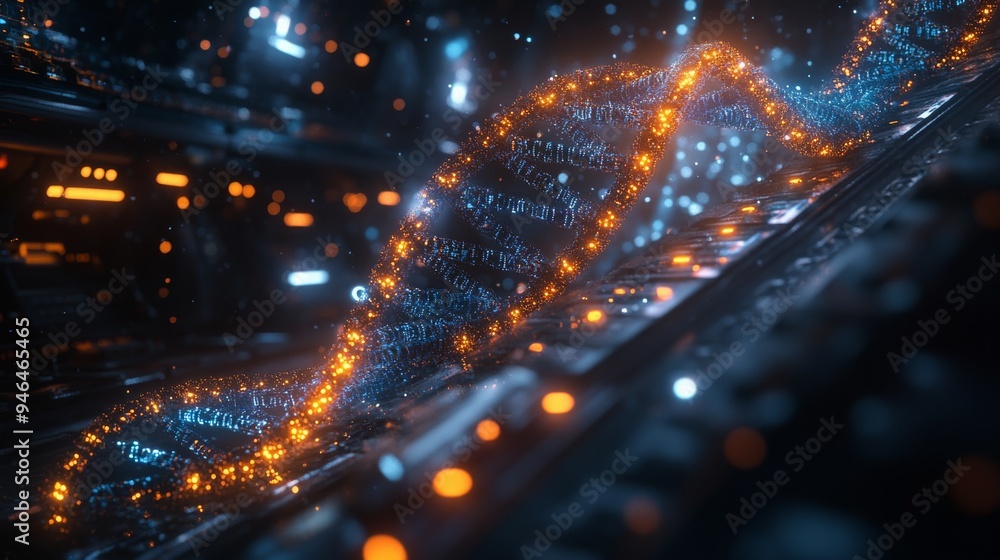 Aufkleber holographic dna strands intertwine dynamically, glowing with data in a high-tech digital setting, sh