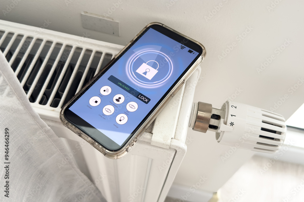 Poster adjusting temperature of digital smart thermostat using mobile phone app at home