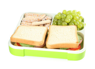 Lunch box with sandwiches, grapes and cookies isolated on white