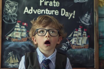 Little boy with glasses, tie, and a look of wonder, standing before a chalkboard that says Pirate Adventure Day!
