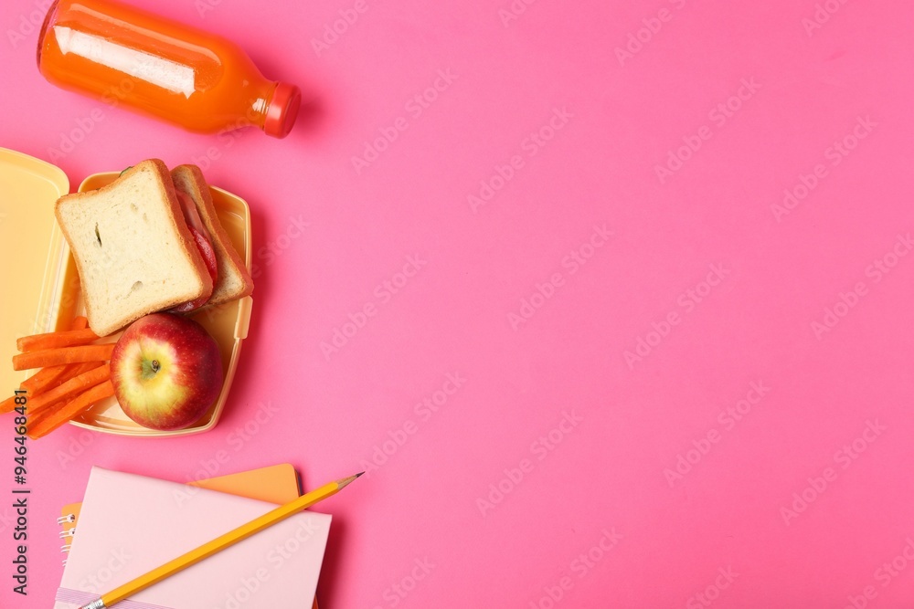 Sticker Lunch box with snacks, bottle of juice and stationery on pink background, flat lay. Space for text