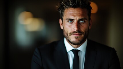 A bearded man dressed in a sharp suit gazes intently at the camera, portraying a strong sense of confidence, determination, and modern sophistication in an indoor setting.