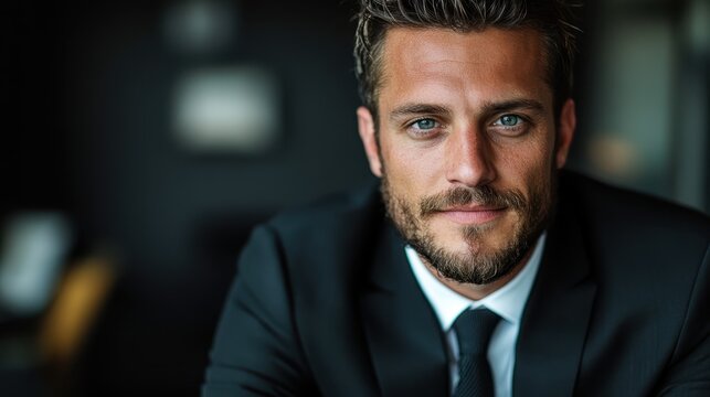 A man with blue eyes and a beard wearing a suit is looking directly at the camera in a room, creating a professional and confident ambiance.