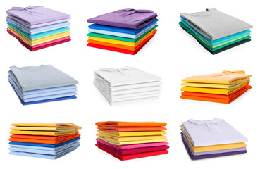 Stacks of different t-shirts isolated on white, collage