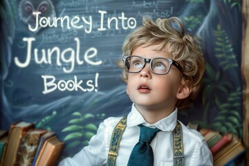 Little boy with glasses, tie, and a look of wonder, standing before a chalkboard that says Journey Into Jungle Books!