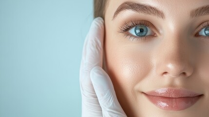 A close-up of a woman's face with clear skin, smiling gently, while a hand in a glove demonstrates skincare or cosmetic treatment.