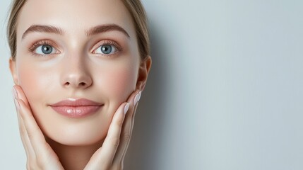 Obraz premium A serene close-up of a woman gently touching her face, showcasing natural beauty and fresh skin in a minimalistic setting.