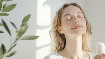 Fototapeta premium A serene moment of self-care, showcasing a woman enjoying a skincare routine in a bright, natural setting.